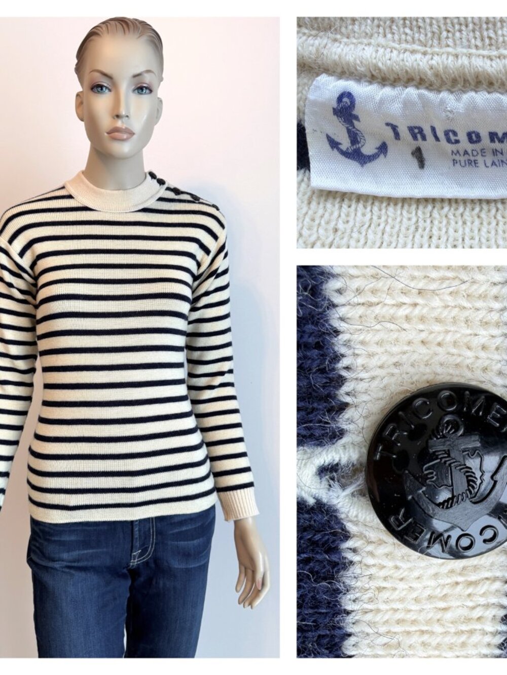 TRICOMER made France - Striped Blue and cream pure new wool breton nautical sz 1